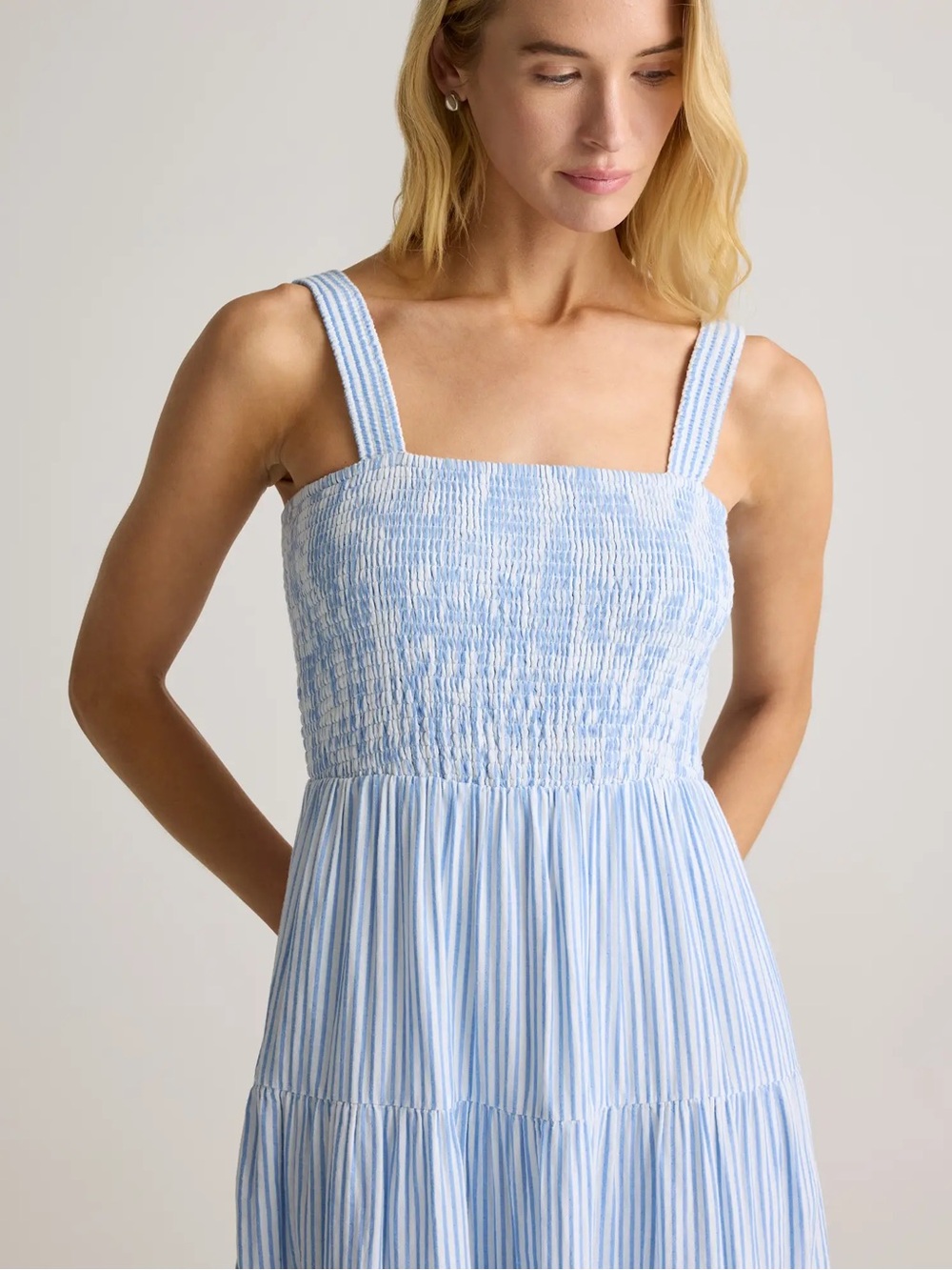 Quince Light Blue Striped Smocked Midi Sundress - Picture 2 of 15